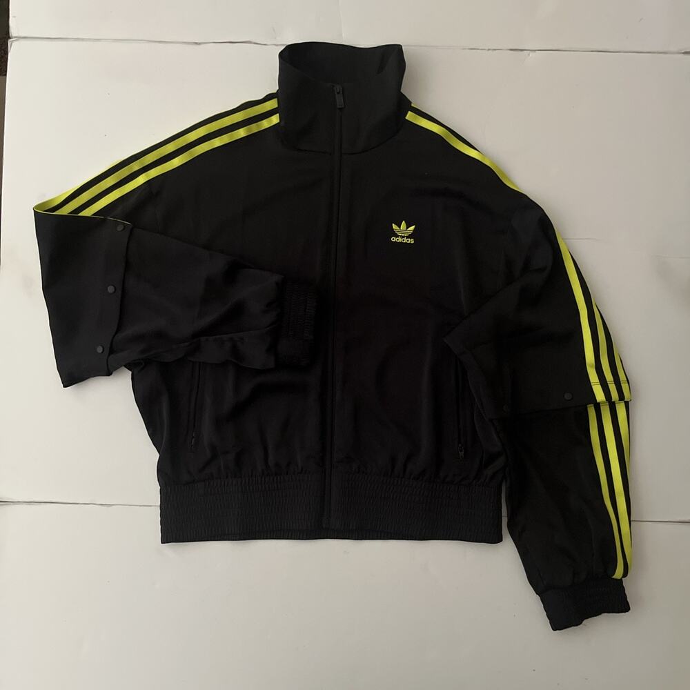 Adidas Satin Firebird Track Top Jacket Women S Black Lime Stripes Snap Sleeve